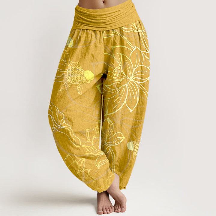 Pantalones bombachos de cintura elástica para mujer con estampado de hojas de loto, peces koi y piedras de Buddha Stones en algodón. - Oro - US22，UK/AU26，EU54 (6XL) - image 10