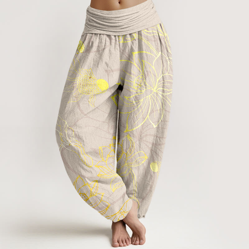 Pantalones Buddha Stones de algodón puro con diseño de hojas de loto y peces koi para mujer, con cintura elástica - Beige - US22，UK/AU26，EU54 (6XL) - image 8
