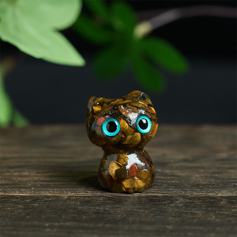 Estatua decorativa de purificación de gato pequeño con Buddha Stones, resina con gotas de cristal y cristal - Ojo de tigre (34 x 25 x 22 mm) - image 9