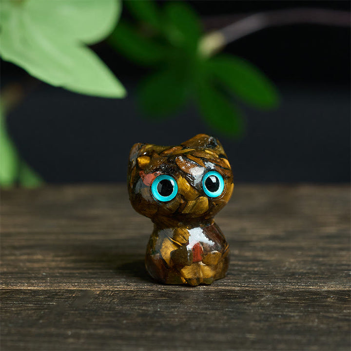 Estatua decorativa de purificación de gato pequeño con Buddha Stones, resina con gotas de cristal y cristal - Ojo de tigre (34 x 25 x 22 mm) - image 9