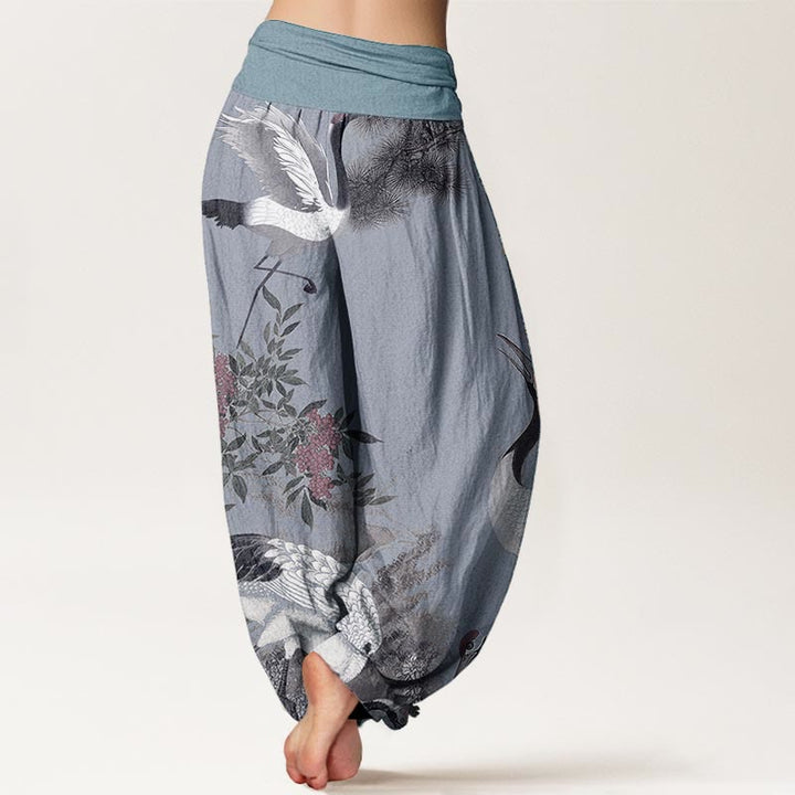 Pantalón tipo harem de cintura elástica para mujer, estilo casual, con estampado de Buddha Stones, grullas de corona roja, pinos y montaña. - image 8