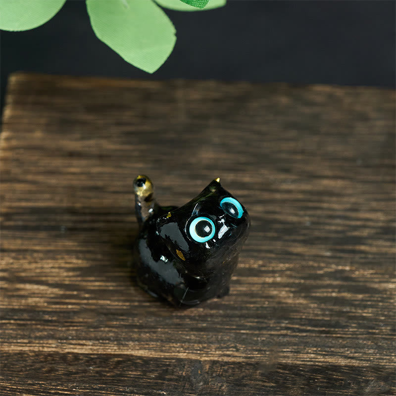 Buddha Stones Estatua decorativa de resina con forma de gato pequeño con goteo de cristal - Obsidiana negra (36 x 32 x 22 mm) - image 0