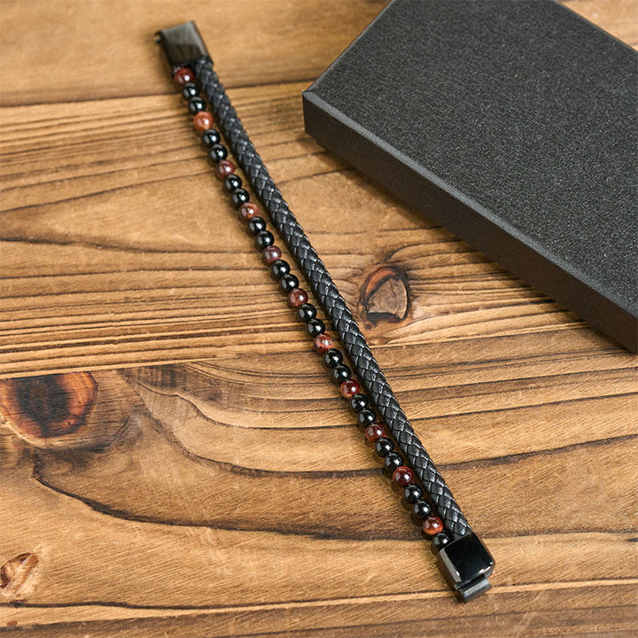 Pulsera protectora de cuero con Buddha Stones, ónix negro, ojo de tigre y acero de titanio - image 4