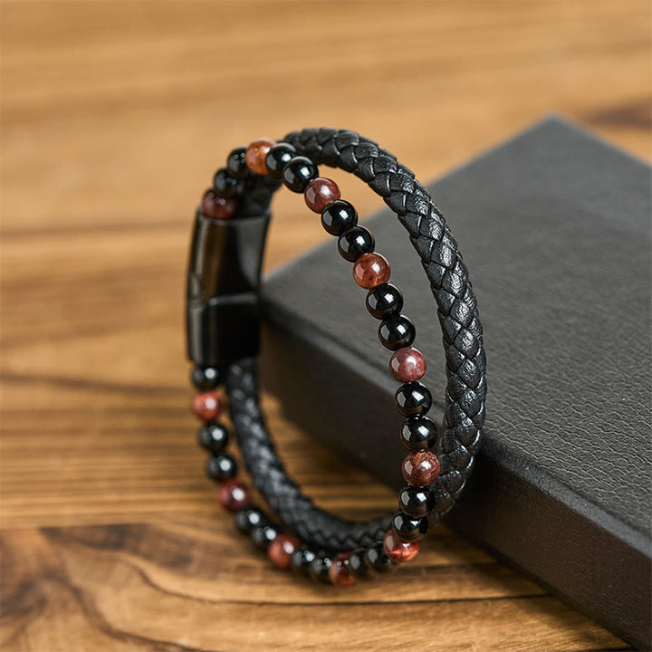 Pulsera protectora de cuero con Buddha Stones, ónix negro, ojo de tigre y acero de titanio - image 3