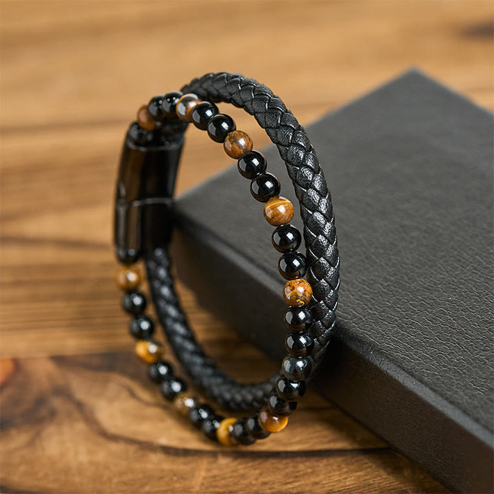 Pulsera protectora de cuero con Buddha Stones, ónix negro, ojo de tigre y acero de titanio - image 12