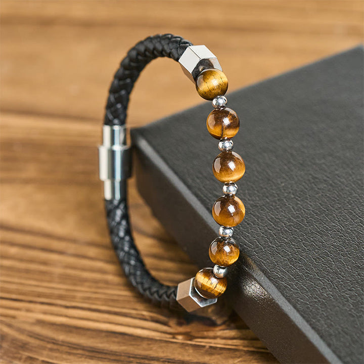 Pulsera de cuero con Buddha Stones, ojo de tigre, acero de titanio y coraje - image 1