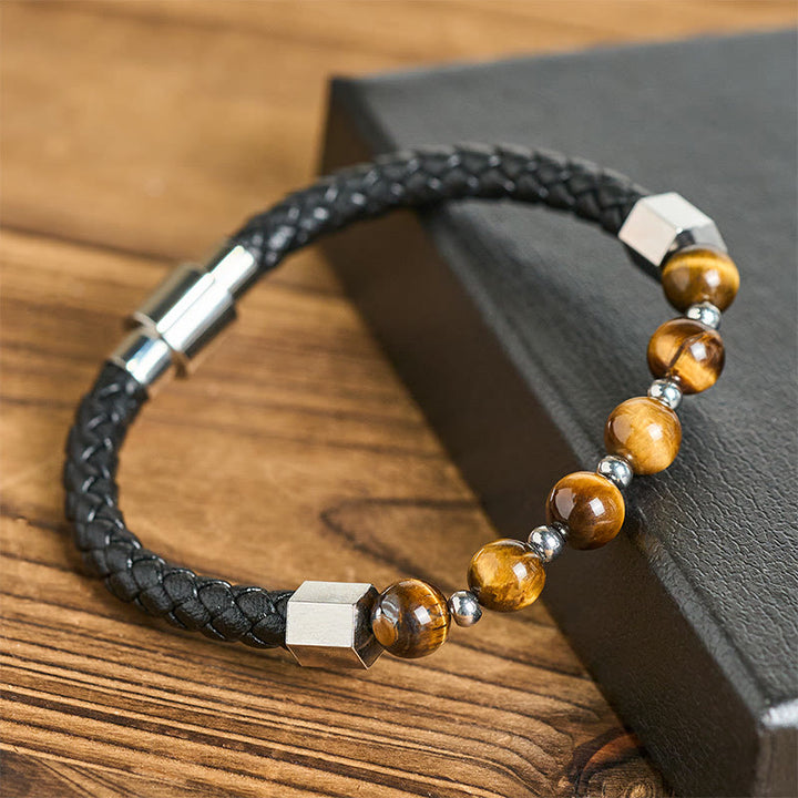 Pulsera de cuero con Buddha Stones, ojo de tigre, acero de titanio y coraje - Ojo de tigre (circunferencia de la muñeca: 18-19 cm) - image 0