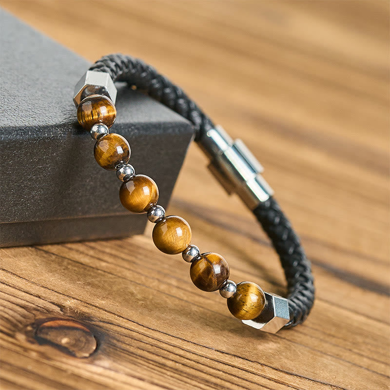 Pulsera de cuero con Buddha Stones, ojo de tigre, acero de titanio y coraje - image 3