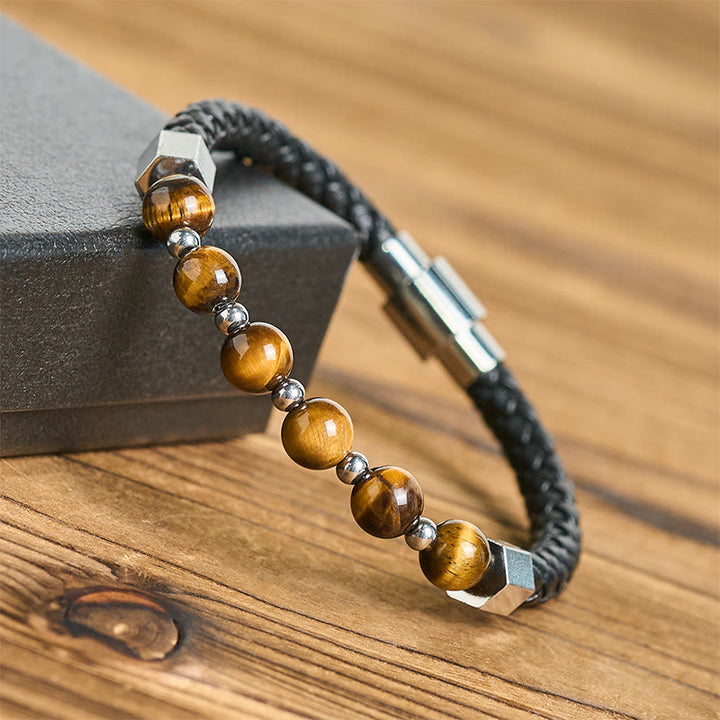 Pulsera de cuero con Buddha Stones, ojo de tigre, acero de titanio y coraje - image 3