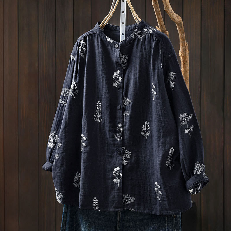 Camisa de algodón de manga larga con botones y bordado floral de Buddha Stones para mujer - Azul acero - US4-6, UK/AU8-10, EU36-38 (F) - image 14