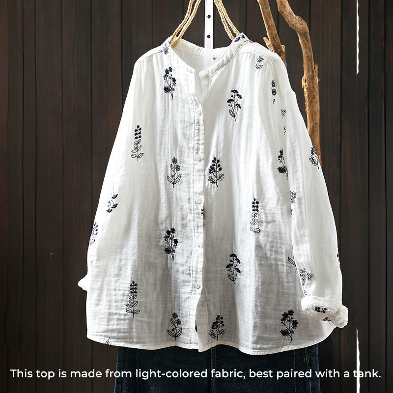 Camisa de algodón de manga larga con botones y bordado floral de Buddha Stones para mujer - image 4