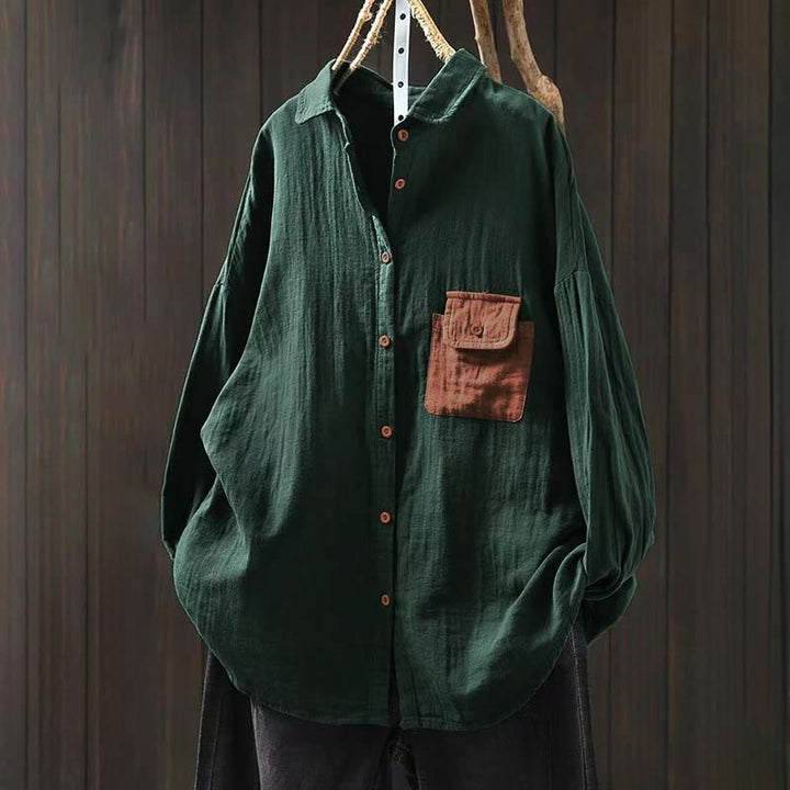 Camisa de algodón de manga larga con botones y bolsillos en contraste para mujer con Buddha Stones - Verde mar medio - US4-8/10, UK/AU8-12/14, EU36-40/42 (F) - image 0