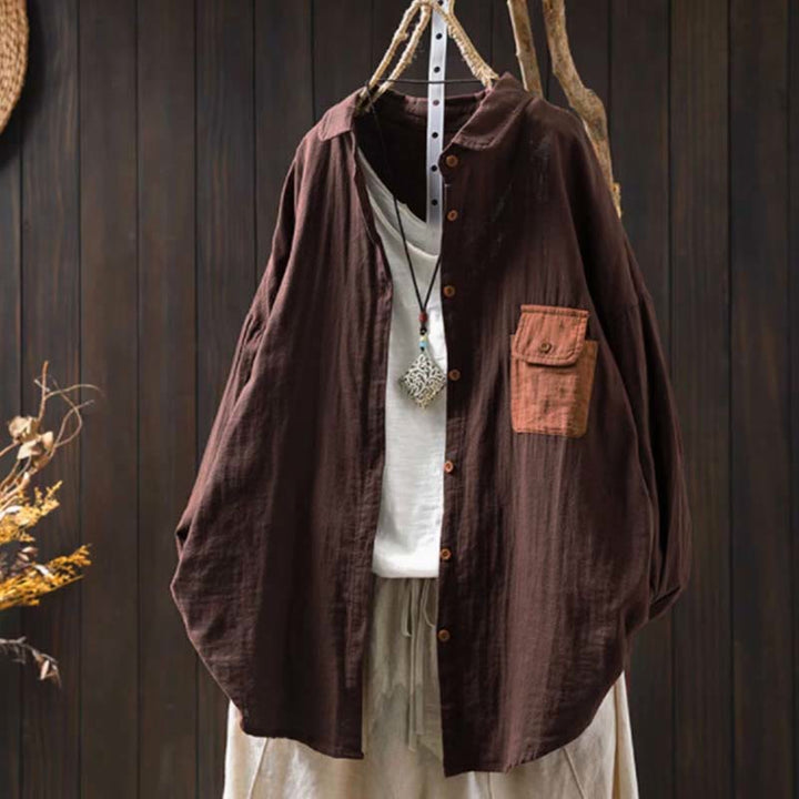 Camisa de algodón de manga larga con botones y bolsillos en contraste para mujer con Buddha Stones - SaddleBrown - US4-8/10, UK/AU8-12/14, EU36-40/42 (F) - image 20