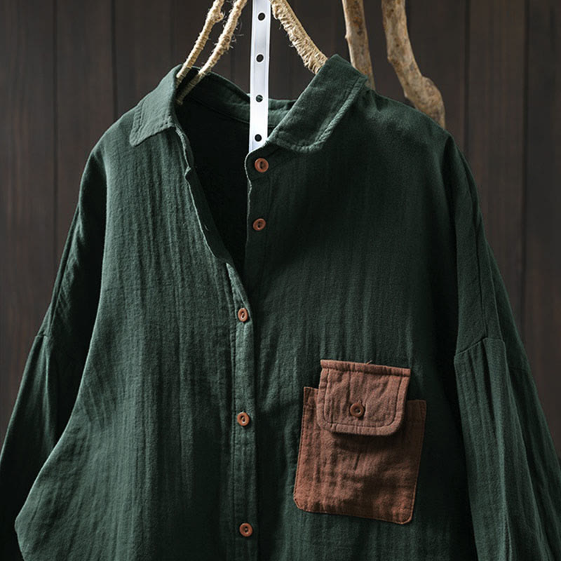 Camisa de algodón de manga larga con botones y bolsillos en contraste para mujer con Buddha Stones - image 2