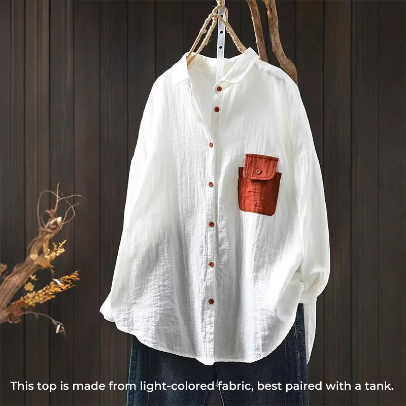 Camisa de algodón de manga larga con botones y bolsillos en contraste para mujer con Buddha Stones - image 12