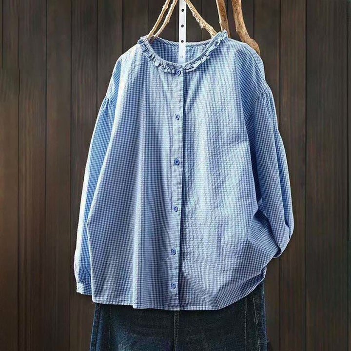 Camisa de algodón de manga larga con botones y cuadros pequeños de Buddha Stones Spring para mujer - Azul cielo claro - US4，UK/AU8，EU36 (L) - image 0