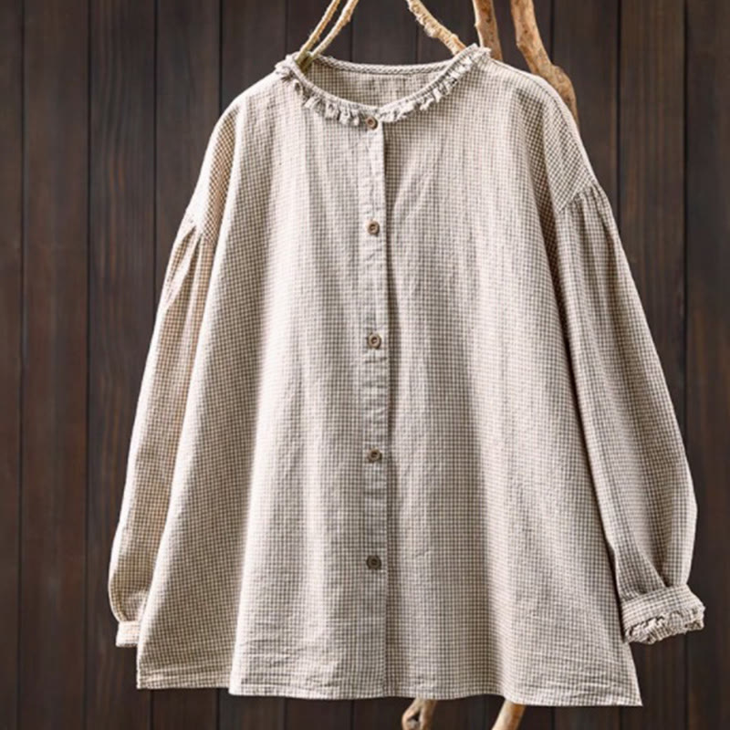 Camisa de algodón de manga larga con botones y cuadros pequeños de Buddha Stones Spring para mujer - Beige - US4，UK/AU8，EU36 (L) - image 13