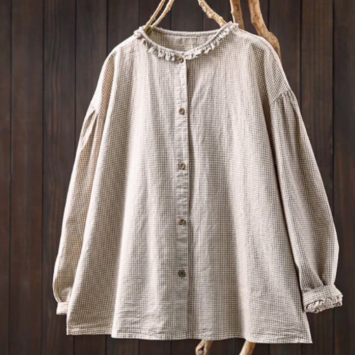 Camisa de algodón de manga larga con botones y cuadros pequeños de Buddha Stones Spring para mujer - Beige - US4，UK/AU8，EU36 (L) - image 13