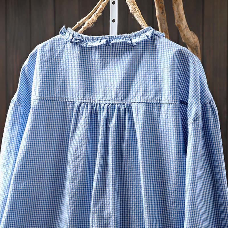 Camisa de algodón de manga larga con botones y cuadros pequeños de Buddha Stones Spring para mujer - image 3