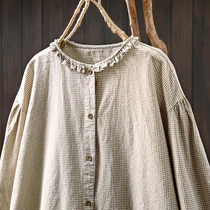 Camisa de algodón de manga larga con botones y cuadros pequeños de Buddha Stones Spring para mujer - image 14