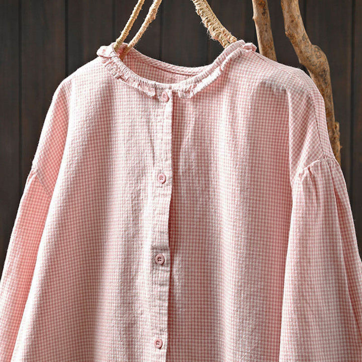 Camisa de algodón de manga larga con botones y cuadros pequeños de Buddha Stones Spring para mujer - image 12