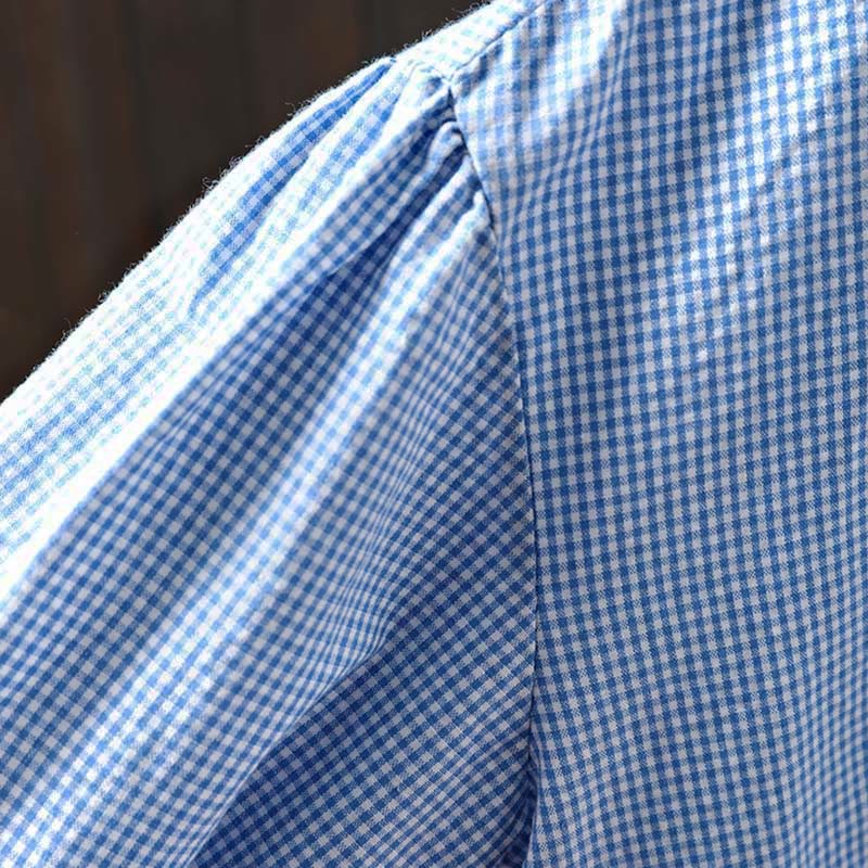 Camisa de algodón de manga larga con botones y cuadros pequeños de Buddha Stones Spring para mujer - image 7