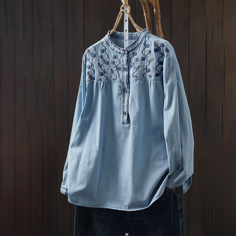 Camisa vaquera de algodón con bordado floral geométrico de Buddha Stones y manga larga con botones para mujer - Azul cielo claro - US4-6, UK/AU8-10, EU36-38 (F) - image 0