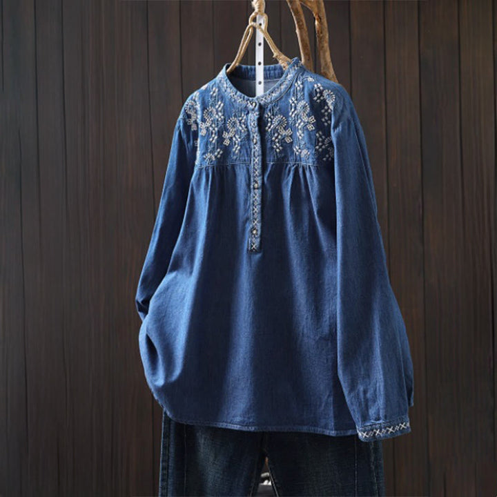 Camisa vaquera de algodón con bordado floral geométrico de Buddha Stones y manga larga con botones para mujer - Azul real - US4-6, UK/AU8-10, EU36-38 (F) - image 17