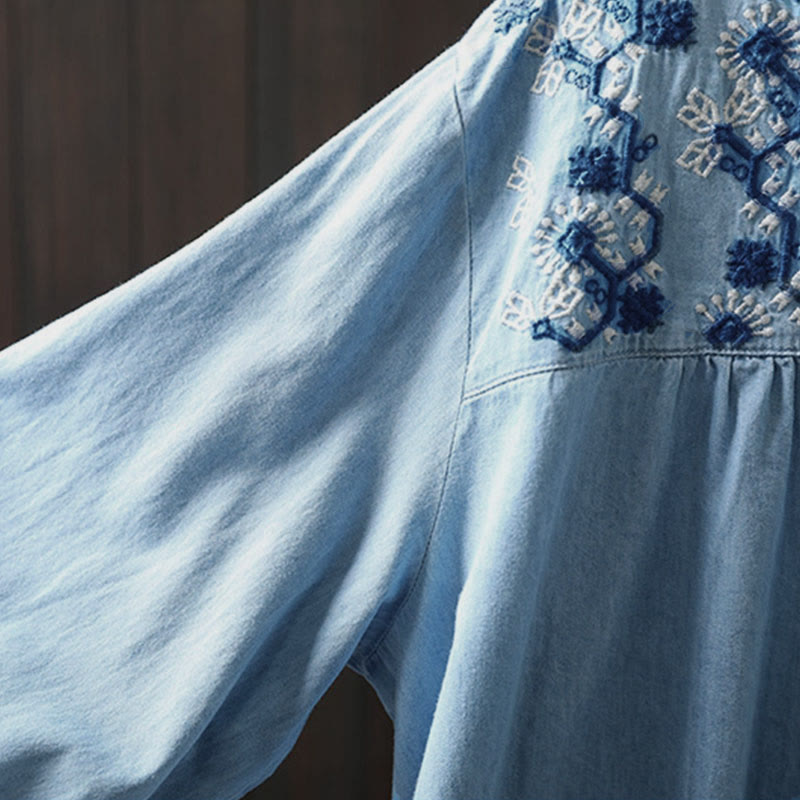 Camisa vaquera de algodón con bordado floral geométrico de Buddha Stones y manga larga con botones para mujer - image 9