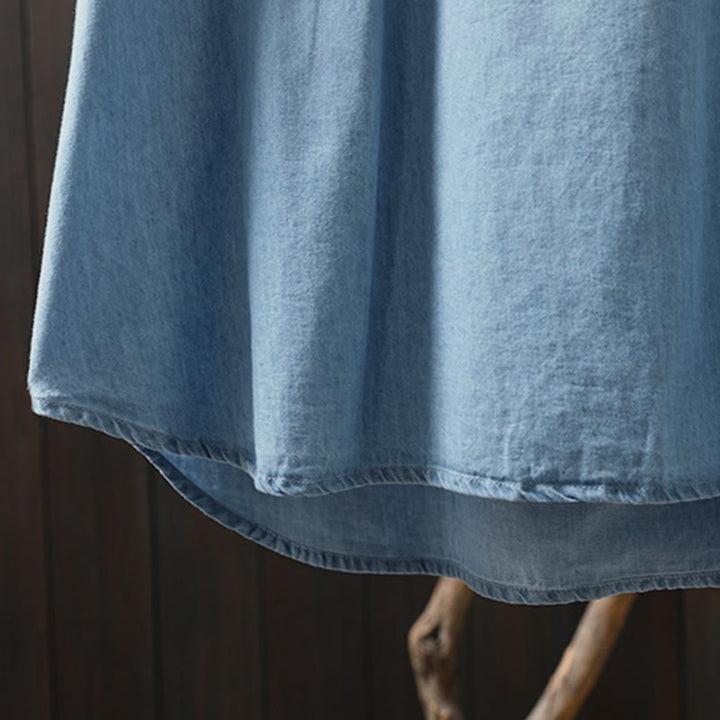 Camisa vaquera de algodón con bordado floral geométrico de Buddha Stones y manga larga con botones para mujer - image 13