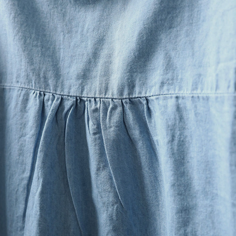 Camisa vaquera de algodón con bordado floral geométrico de Buddha Stones y manga larga con botones para mujer - image 7