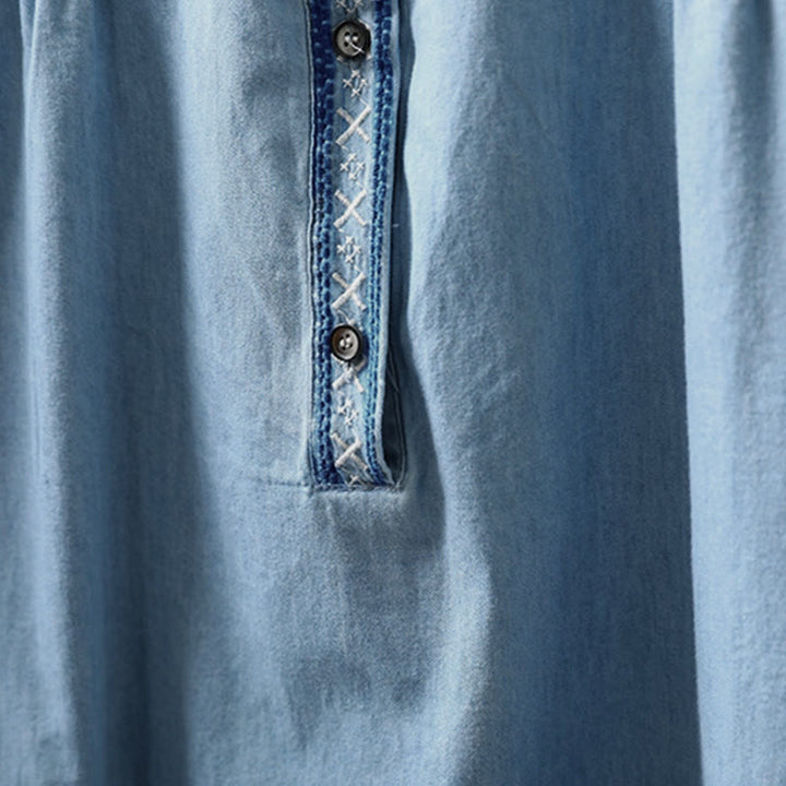 Camisa vaquera de algodón con bordado floral geométrico de Buddha Stones y manga larga con botones para mujer - image 6