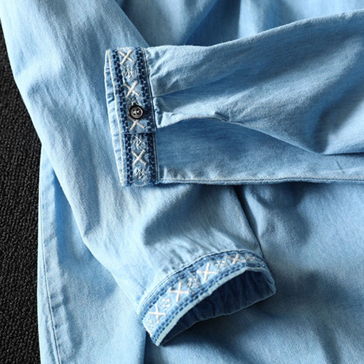 Camisa vaquera de algodón con bordado floral geométrico de Buddha Stones y manga larga con botones para mujer - image 11