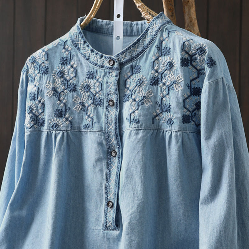 Camisa vaquera de algodón con bordado floral geométrico de Buddha Stones y manga larga con botones para mujer - image 3