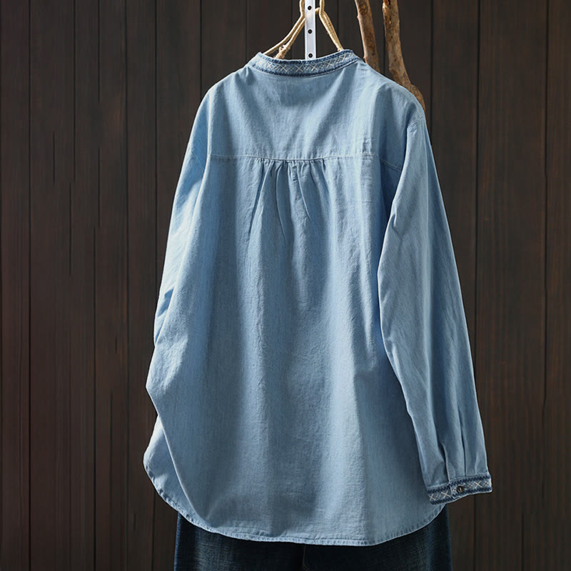 Camisa vaquera de algodón con bordado floral geométrico de Buddha Stones y manga larga con botones para mujer - image 1