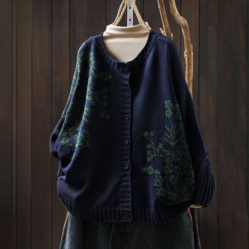 Cárdigan de punto de algodón con mangas largas de murciélago y botones florales de Buddha Stones para mujer - Azul medianoche - US4-6, UK/AU8-10, EU36-38 (F) - image 15