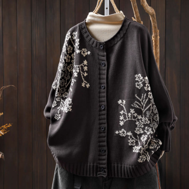 Cárdigan de punto de algodón con mangas largas de murciélago y botones florales de Buddha Stones para mujer - Gris oscuro - US4-6, UK/AU8-10, EU36-38 (F) - image 17