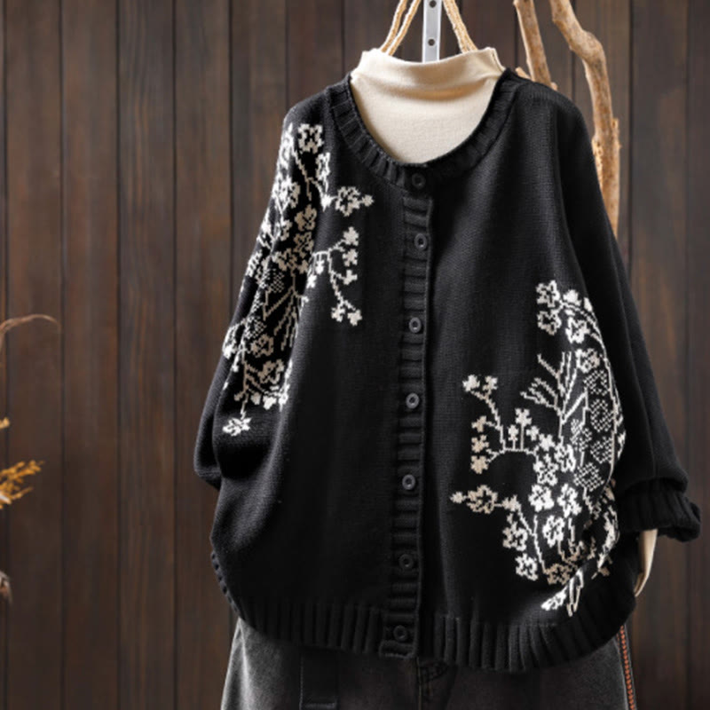 Cárdigan de punto de algodón con mangas largas de murciélago y botones florales de Buddha Stones para mujer - Negro - US4-6, UK/AU8-10, EU36-38 (F) - image 19