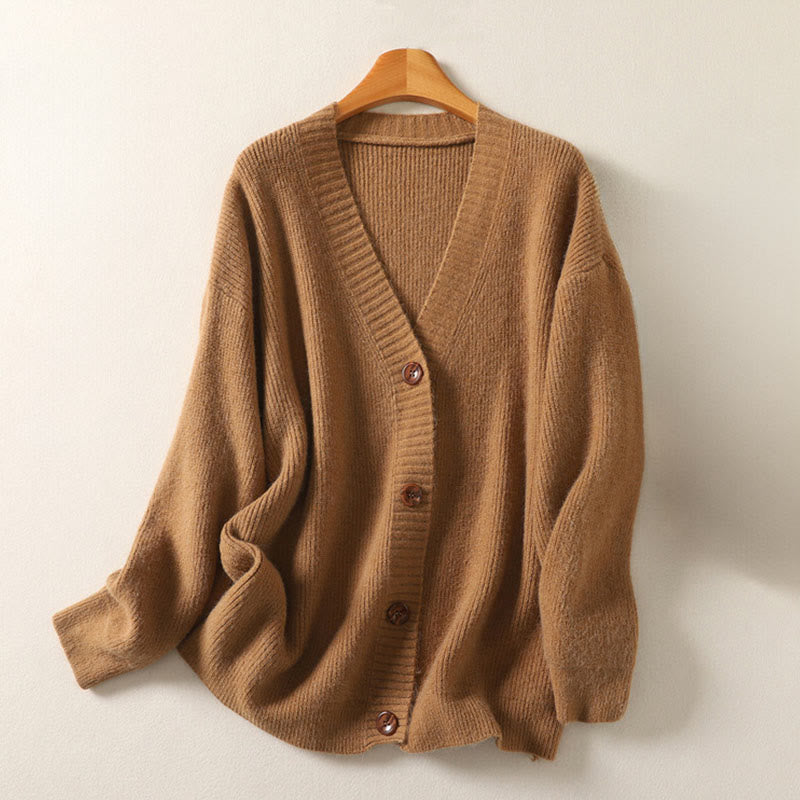 Cárdigan de punto de algodón de manga larga para mujer con cuello en V y botones de Buddha Stones para invierno - SandyBrown - US4-6, UK/AU8-10, EU36-38 (F) - image 3