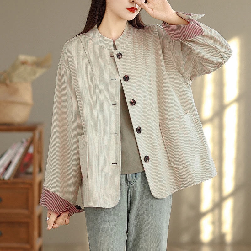 Chaqueta de pana de manga larga para mujer con diseño de botones y Buddha Stones y bolsillos - Beige - US8-10，UK/AU12-14，EU40-42 (2XL) - image 0