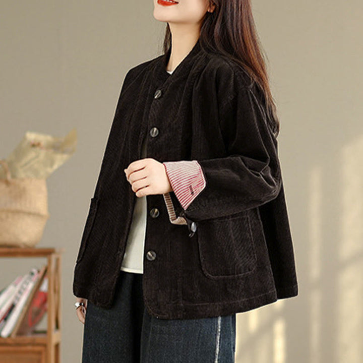 Chaqueta de pana de manga larga para mujer con diseño de botones y Buddha Stones y bolsillos - image 21