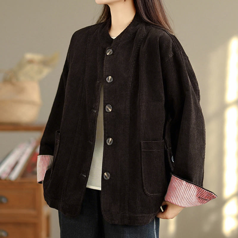 Chaqueta de pana de manga larga para mujer con diseño de botones y Buddha Stones y bolsillos - image 19