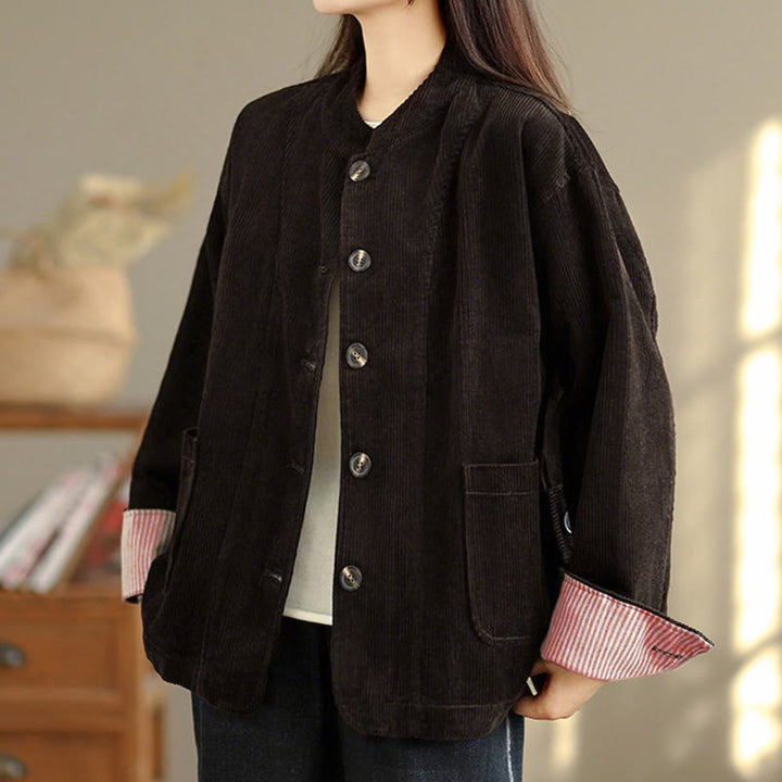 Chaqueta de pana de manga larga para mujer con diseño de botones y Buddha Stones y bolsillos - image 19