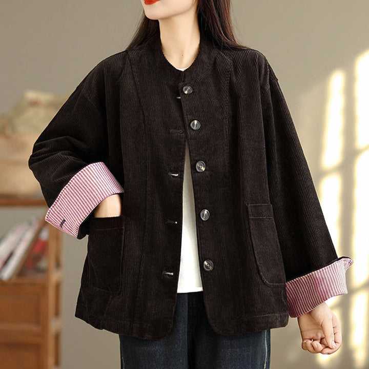 Chaqueta de pana de manga larga para mujer con diseño de botones y Buddha Stones y bolsillos - image 18