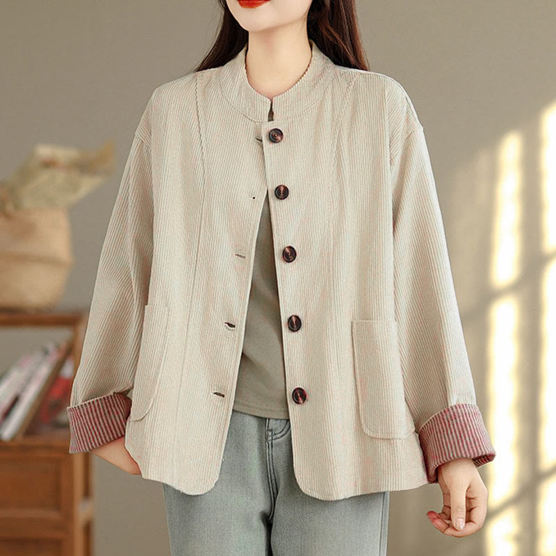 Chaqueta de pana de manga larga para mujer con diseño de botones y Buddha Stones y bolsillos - image 5