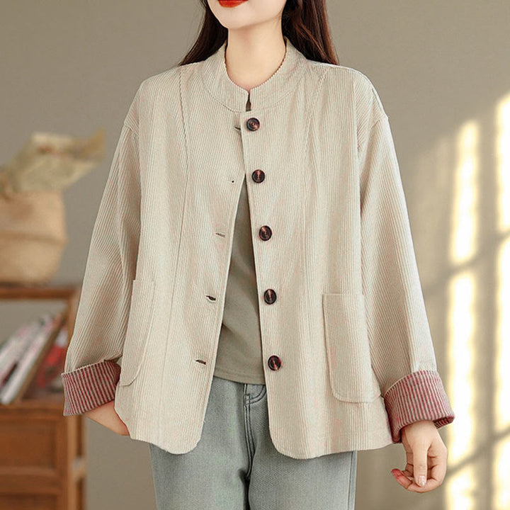 Chaqueta de pana de manga larga para mujer con diseño de botones y Buddha Stones y bolsillos - image 5