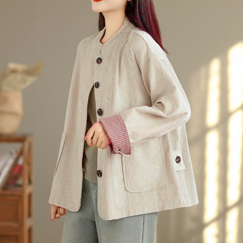 Chaqueta de pana de manga larga para mujer con diseño de botones y Buddha Stones y bolsillos - image 4