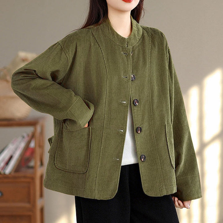 Chaqueta de pana de manga larga para mujer con diseño de botones y Buddha Stones y bolsillos - image 8