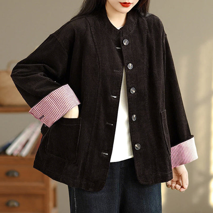 Chaqueta de pana de manga larga para mujer con diseño de botones y Buddha Stones y bolsillos - image 20