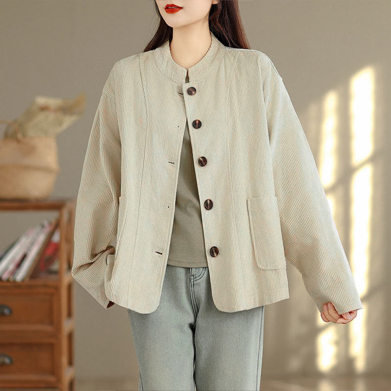 Chaqueta de pana de manga larga para mujer con diseño de botones y Buddha Stones y bolsillos - image 1